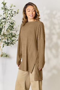 Basic Bae Full Size Ribbed Round Neck Long Sleeve Slit Top Trandify Deal