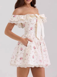 Women's Off-Shoulder Floral Lace Mini Dress – Boho Summer Party Dress