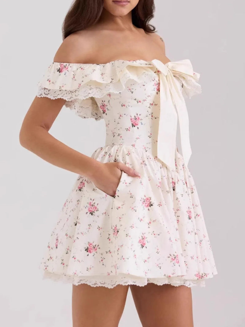 Women's Off-Shoulder Floral Lace Mini Dress – Boho Summer Party Dress
