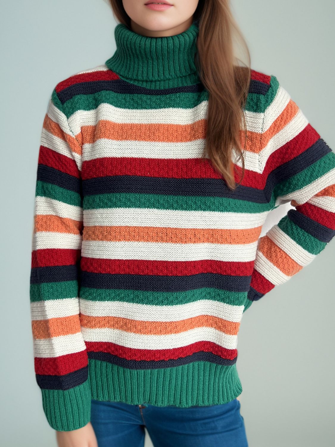 Contrast Stripes Turtleneck Long Sleeve Sweater Trandify Deal