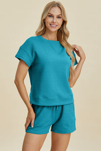 Double Take Full Size Texture Short Sleeve Top and Shorts Set Trandify deal