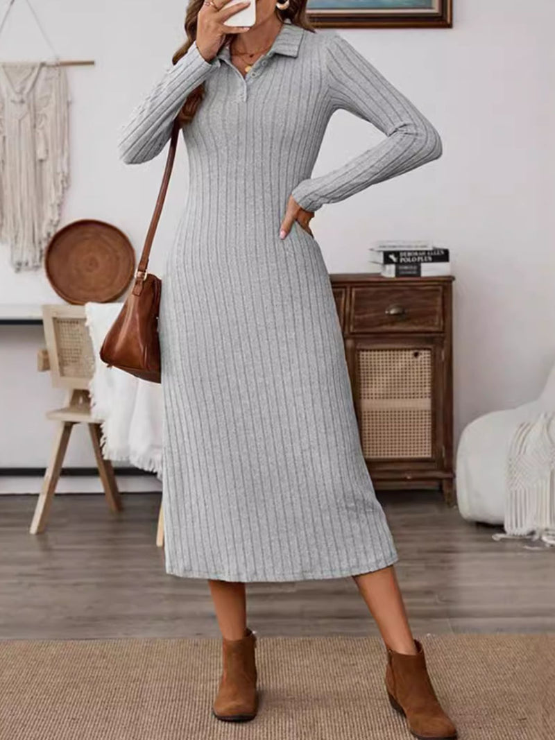 Collared Neck Long Sleeve Midi Dress Trandify Deal