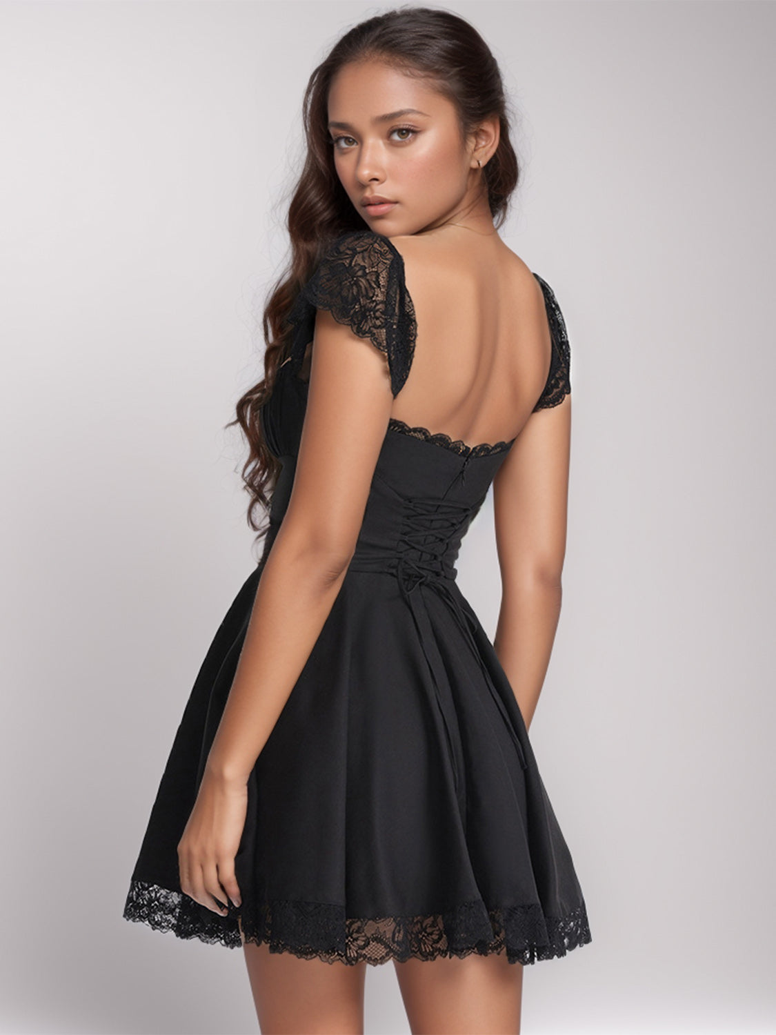 Lace Detail Square Neck Cap Sleeve Mini Dress Trandify Deal