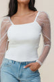 Swiss Dot Mesh Long Sleeve Square Neck Slim Top - Elegant Women's Blouse with Chic Square Neckline and Delicate Swiss Dot Detailing.