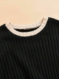 Contrast Round Neck Long Sleeve Top and Bootcut Pants Set Trandify Deal