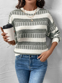 Perfee Contrast Round Neck Long Sleeve Sweater Trandify Deal