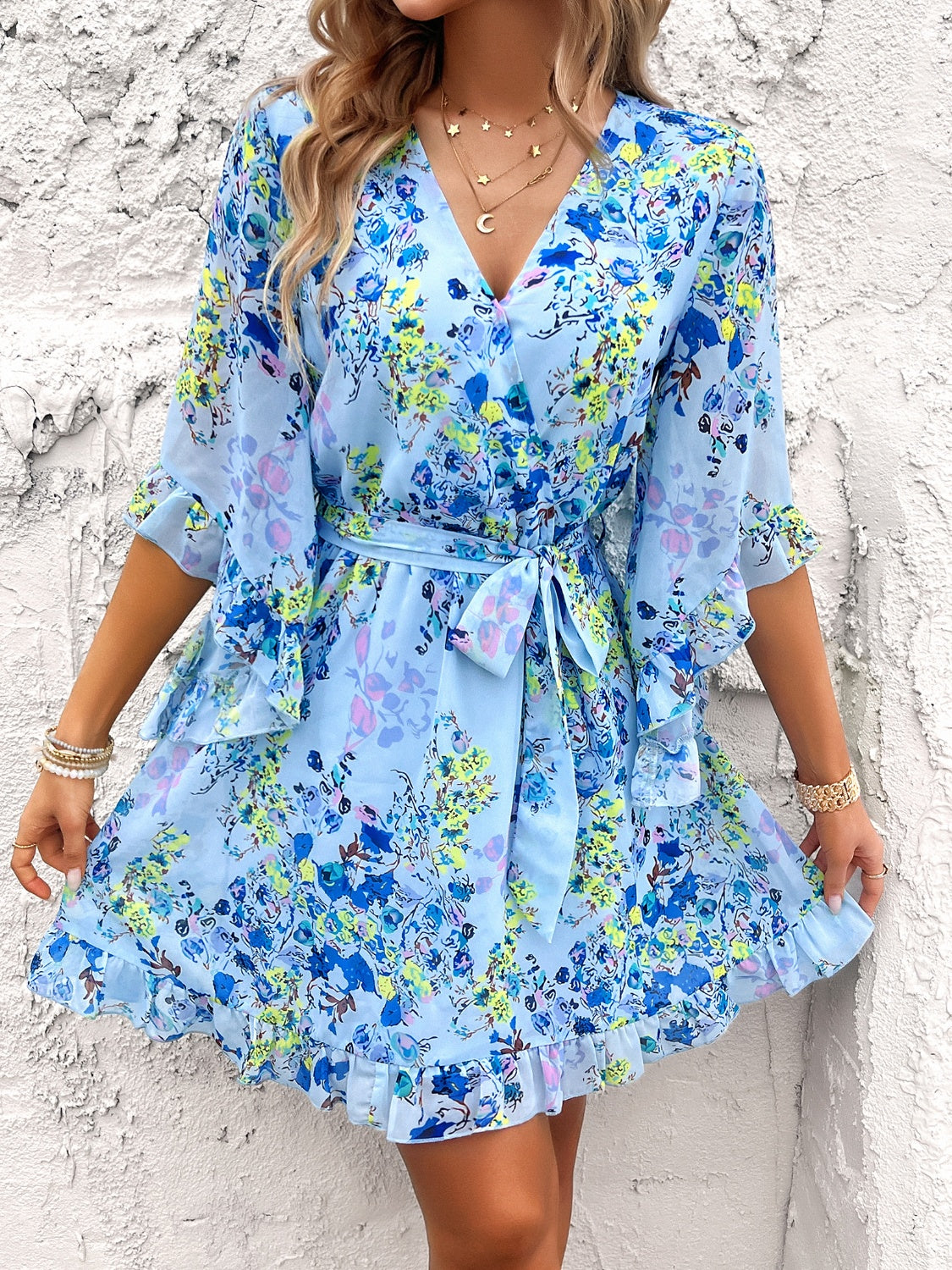 Devine Ruffled Printed Surplice Half Sleeve Mini Dress Trandify Deal