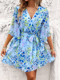 Devine Ruffled Printed Surplice Half Sleeve Mini Dress Trandify Deal