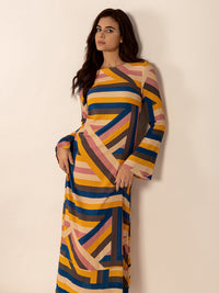 Contrast Round Neck Flare Sleeve Midi Dress Trandify Deal