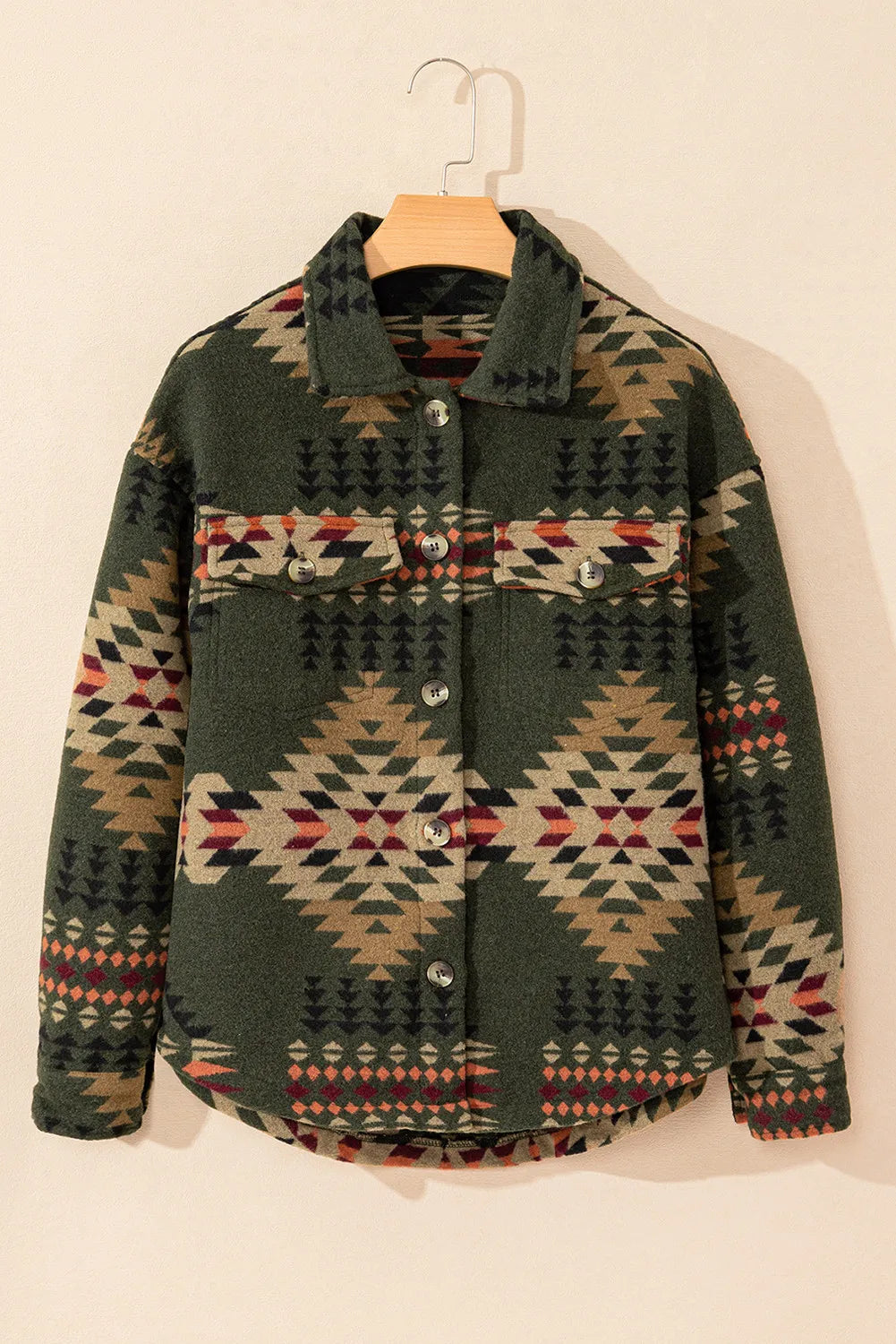 Pocketed Geometric Collared Neck Jacket Trandify Deal
