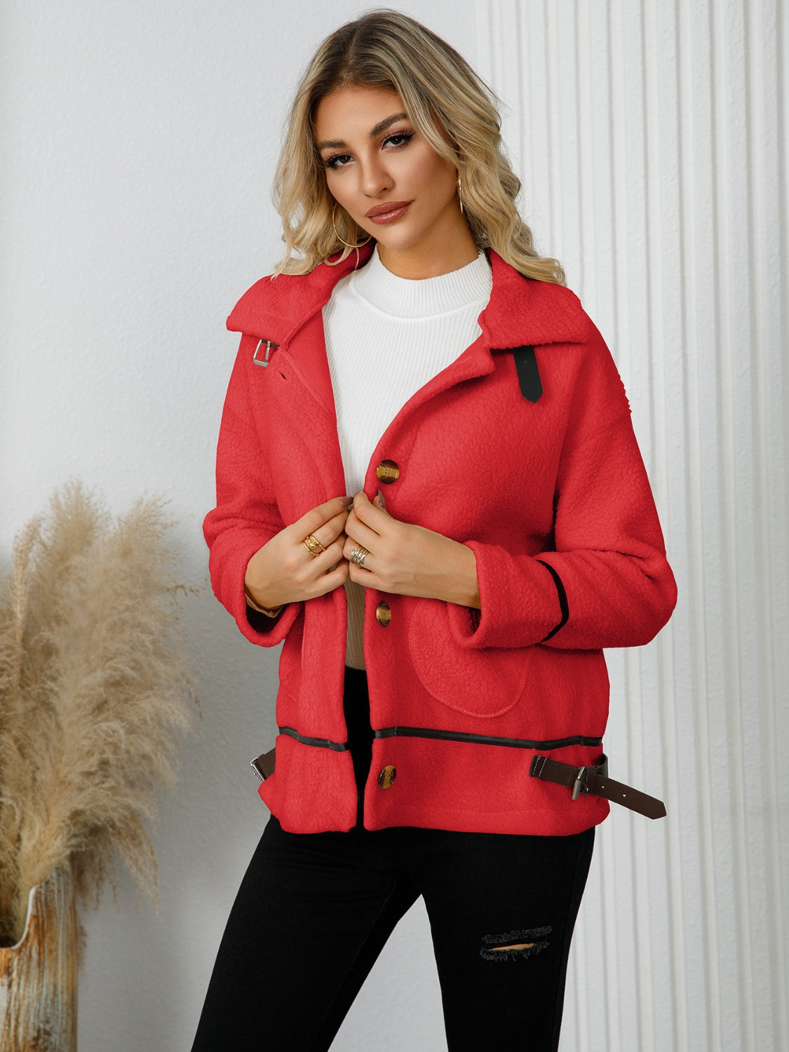 Pocketed Button Down Collared Neck Jacket Trandify Deal