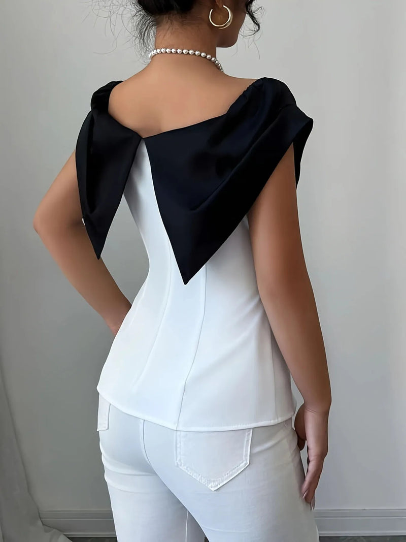 Women’s Slit Contrast Cap Sleeve Blouse – Trendy Fashion Top