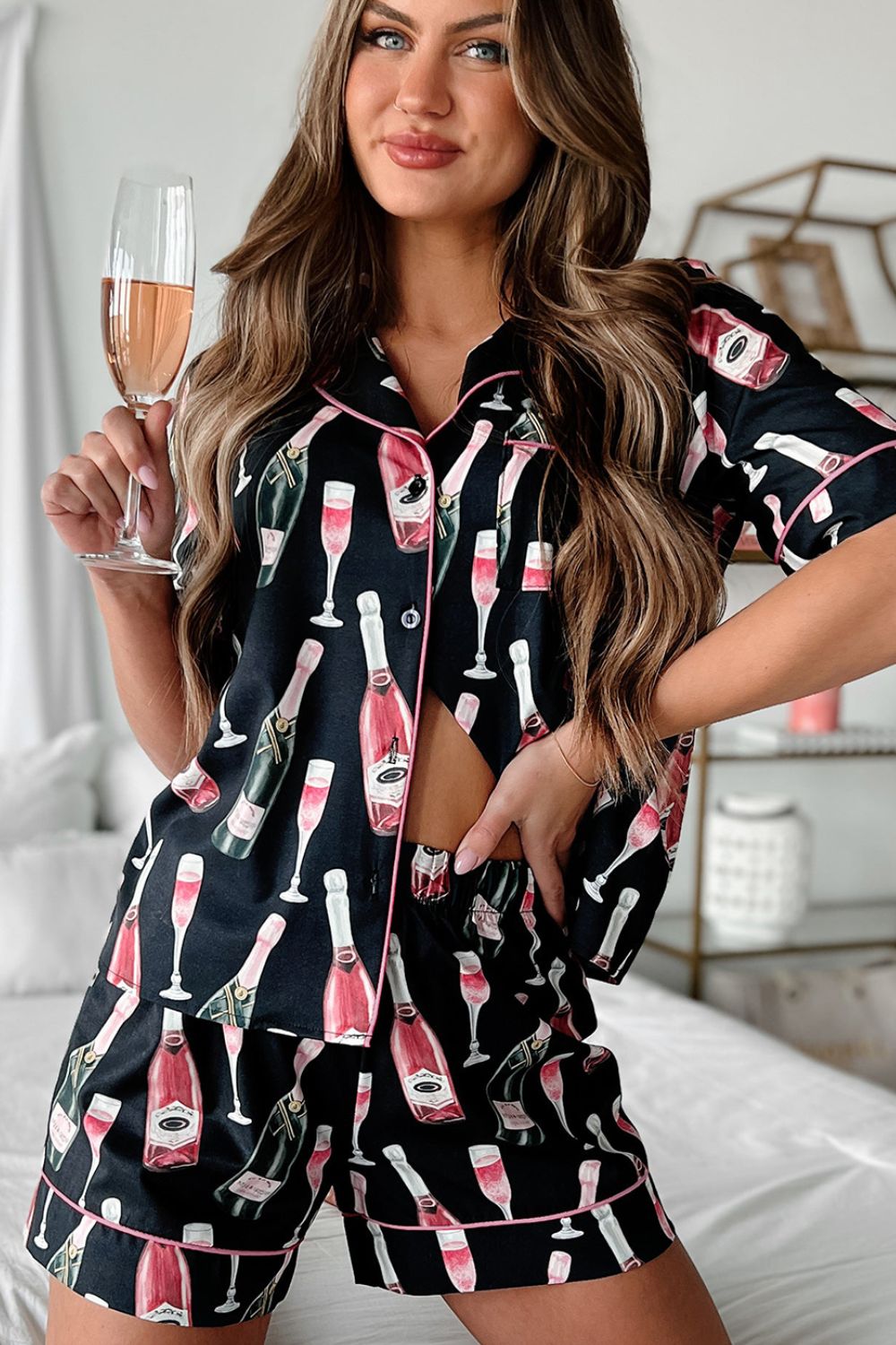Champagne Print Short Sleeve Top and Shorts Set Trandify Deal