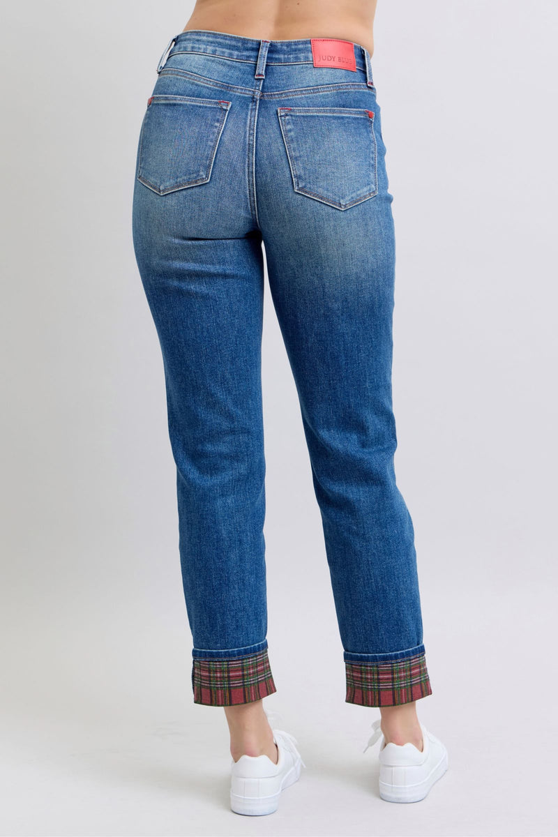 Judy Blue Full Size Plaid Print Cuff Straight Leg Jeans with Pockets Trandify Deal