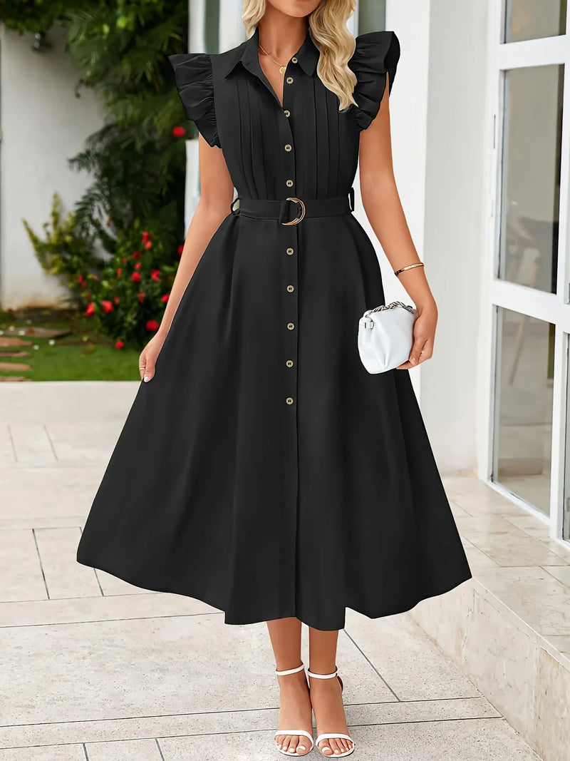 Women’s Ruffled Button-Front Midi Dress in Black – Flowy Summer A-Line Dress with Puff Sleeves