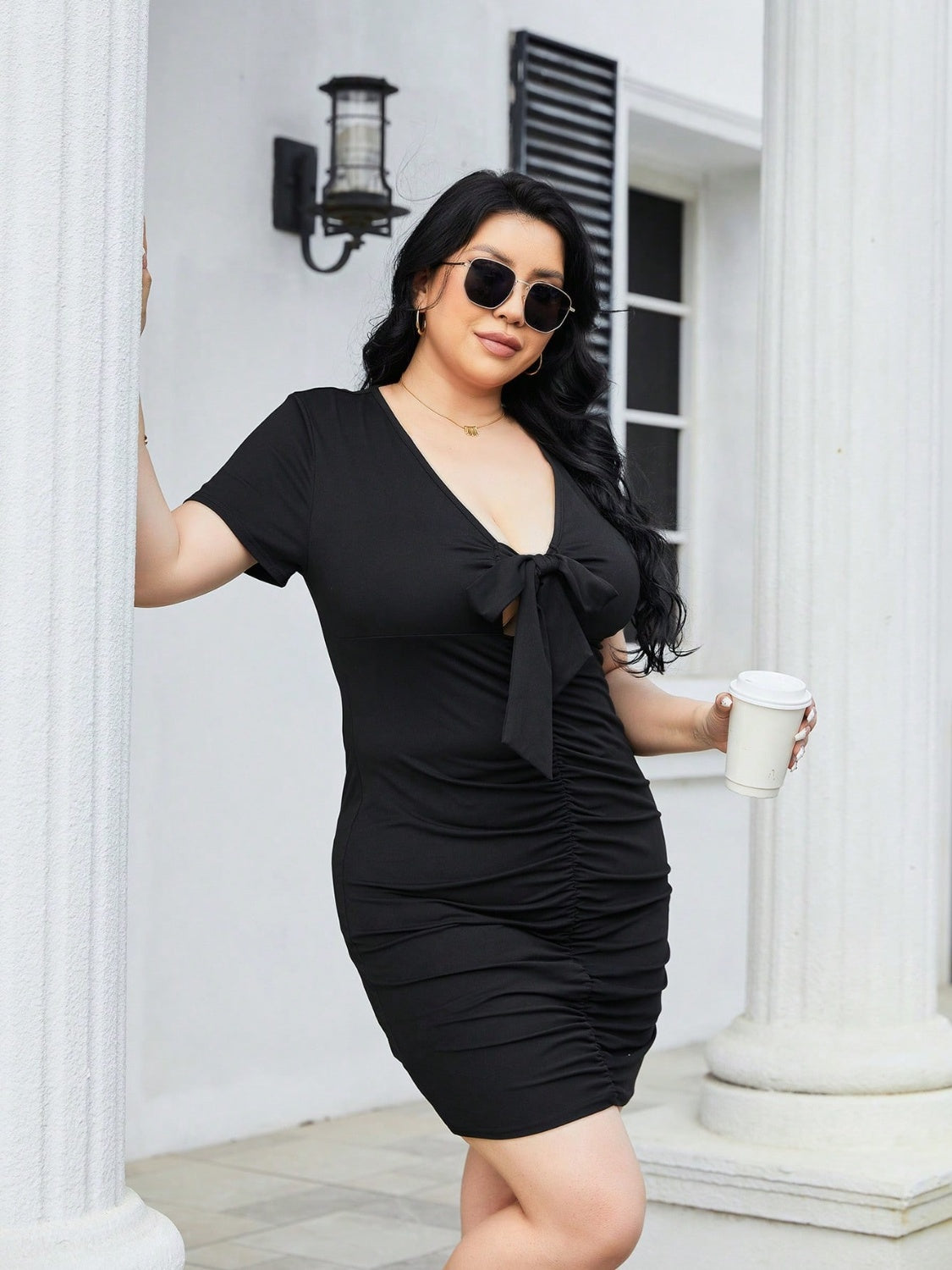 Plus Size Ruched Tied Short Sleeve Mini Dress Trandify deal