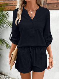 Notched Long Sleeve Top and Shorts Set Trandify deal