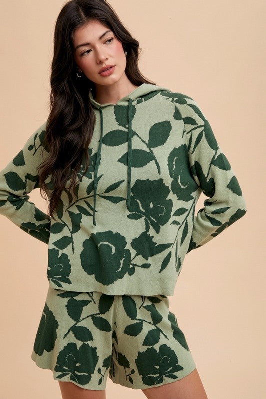 Annie Wear Flower Pattern Drawstring Hooded Top and Shorts Sweater Set Trandify Deal