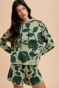 Annie Wear Flower Pattern Drawstring Hooded Top and Shorts Sweater Set Trandify Deal