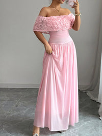 Off-Shoulder Rose Embellished Maxi Dress – Floral Bohemian Summer Gown for Women