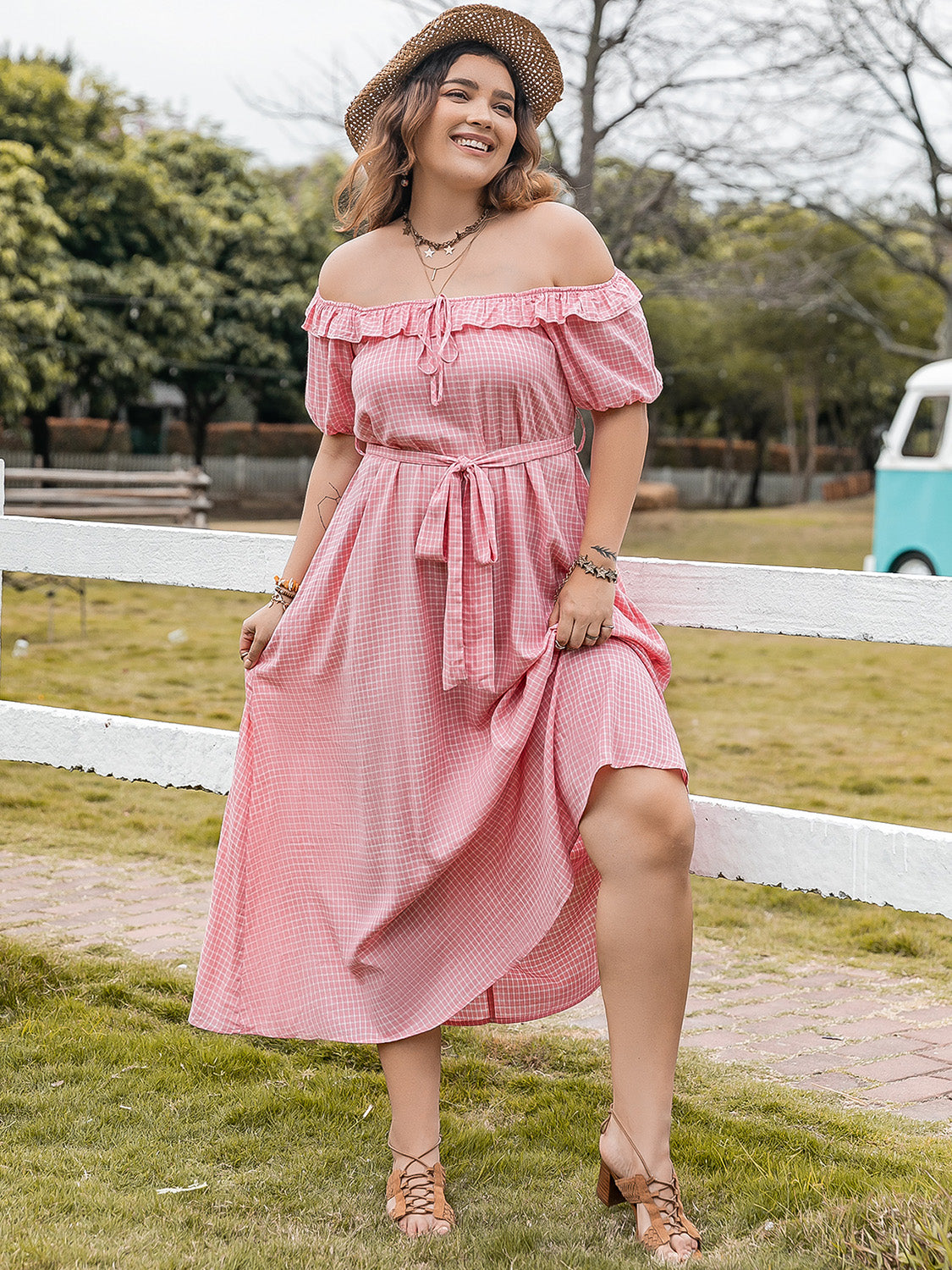 Plus Size Plaid Off-Shoulder Short Sleeve Midi Dress Trandify deal