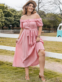 Plus Size Plaid Off-Shoulder Short Sleeve Midi Dress Trandify deal