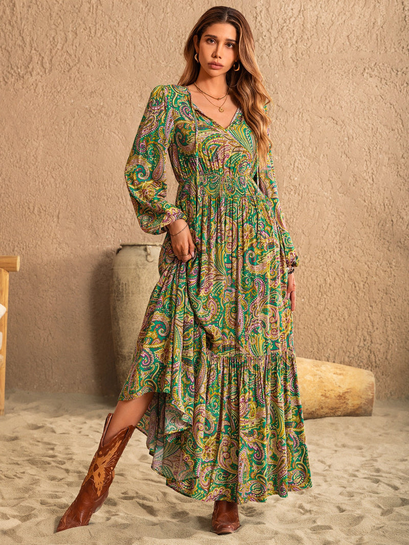 Printed Tie Neck Long Sleeve Dress Trandify Deal