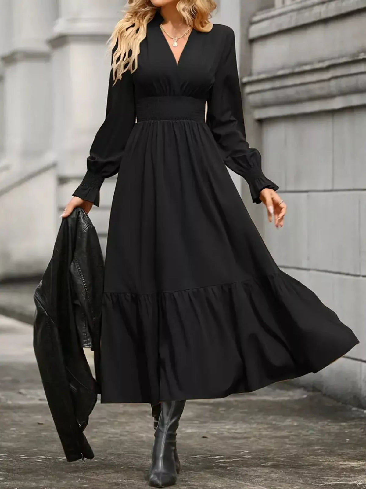 Ruched Midi Dress Long Sleeve Tiered Bodycon - Regular & Plus Size