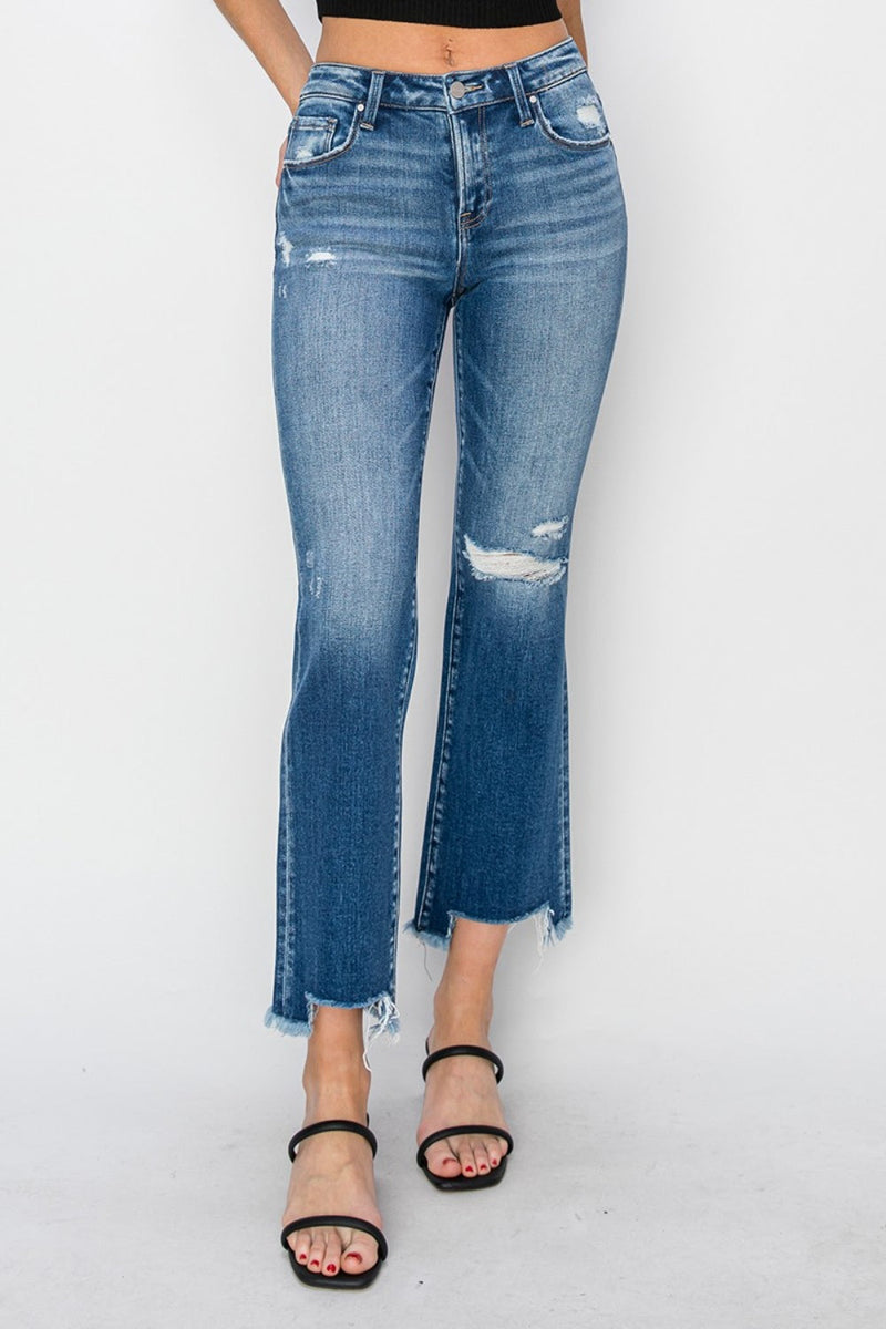 RISEN Full Size Frayed Step Hem Ankle Straight Jeans Trandify Deal