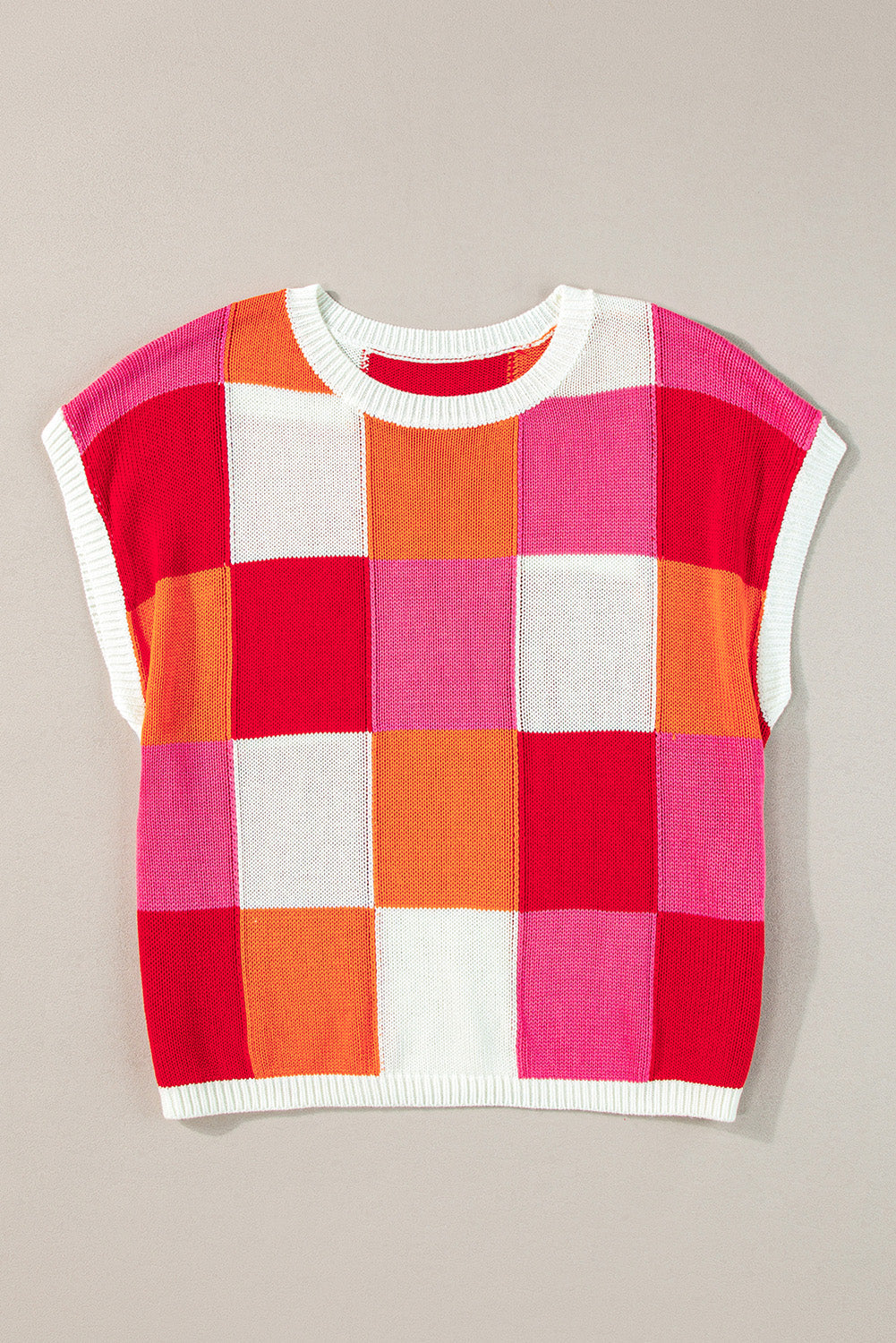 Contrast Plaid Round Neck Cap Sleeve Sweater Trandify Deal