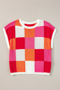Contrast Plaid Round Neck Cap Sleeve Sweater Trandify Deal