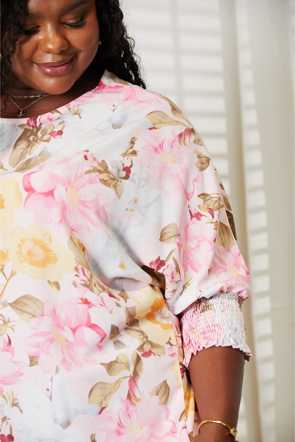 Double Take Floral Round Neck Three-Quarter Sleeve Top Trandify Deal