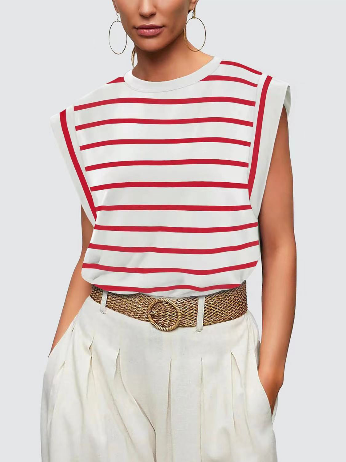 Striped Round Neck Cap Sleeve T-Shirt Trandify deal