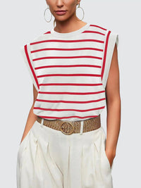 Striped Round Neck Cap Sleeve T-Shirt Trandify deal