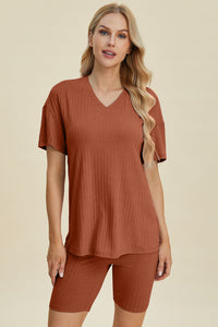 Basic Bae Full Size Ribbed V-Neck Short Sleeve Top and Shorts Set Trandify deal