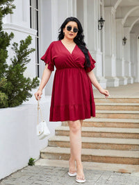 Plus Size Ruched Surplice Flounce Sleeve Mini Dress Trandify deal