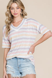 BOMBOM Striped V-Neck Short Sleeve T-Shirt Trandify deal