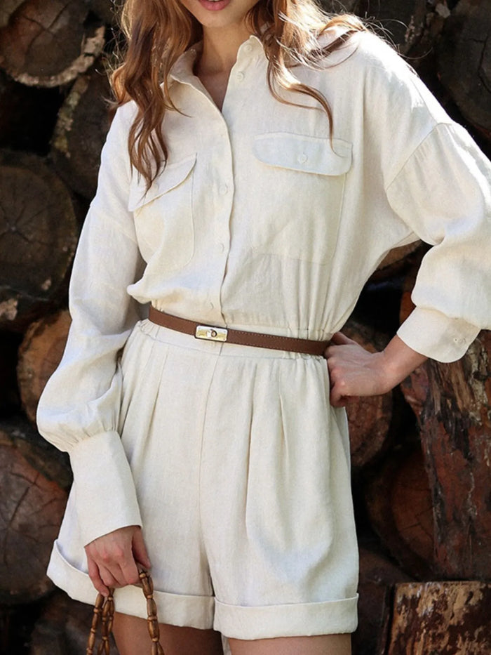 Women’s Casual Button-Front Long Sleeve Romper – Trendy Jumpsuit with Pockets
