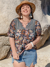 Plus Size Printed Notched Half Sleeve Blouse Trandify deal