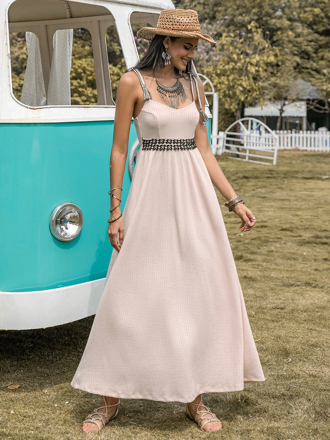 Waffle-Knit Tied Spaghetti Strap Dress Trandify Deal