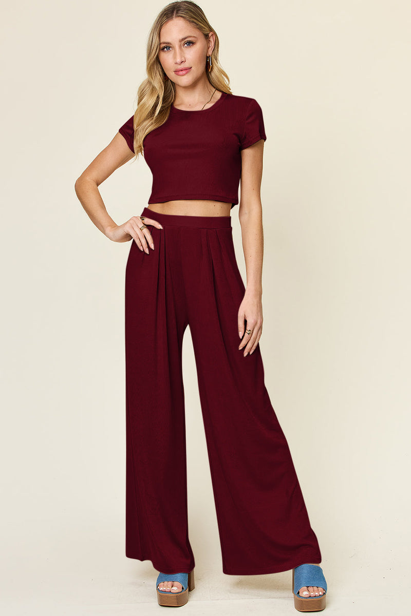 Double Take Full Size Round Neck Top and Pants Set Trandify deal