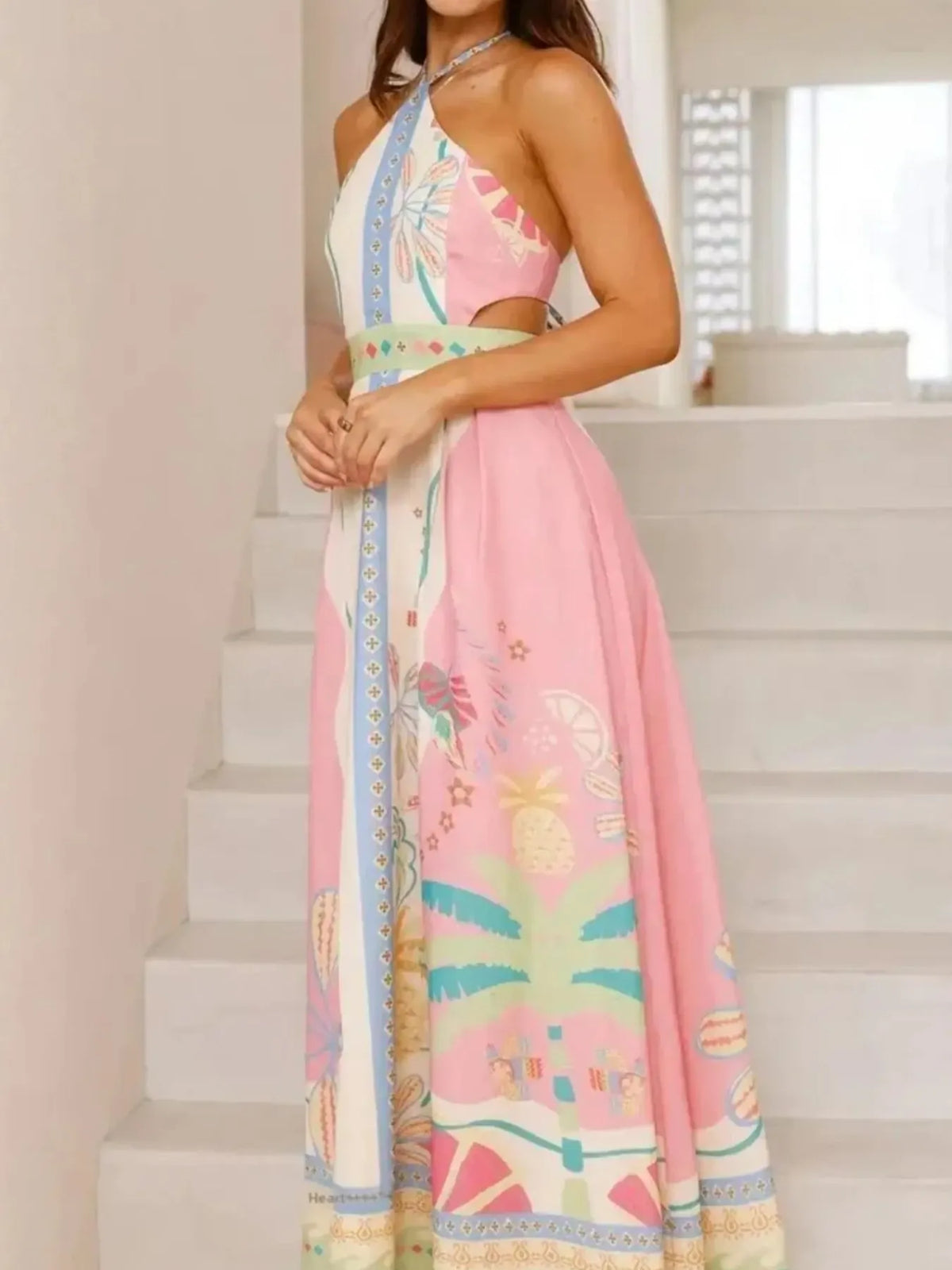Halter Neck Tropical Print Maxi Dress for Women – Flowy Summer Beach Sundress with Side Slit