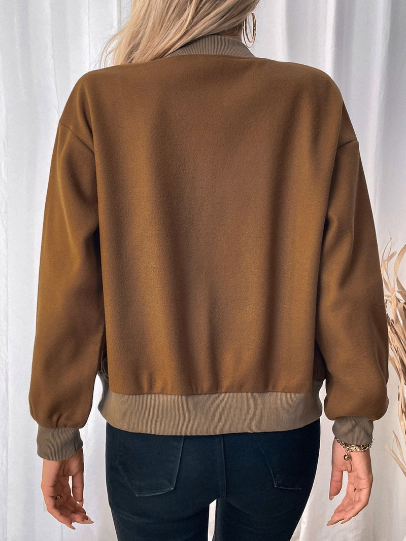 Perfee Baseball Collar Snap Down Long Sleeve Jacket Trandify Deal