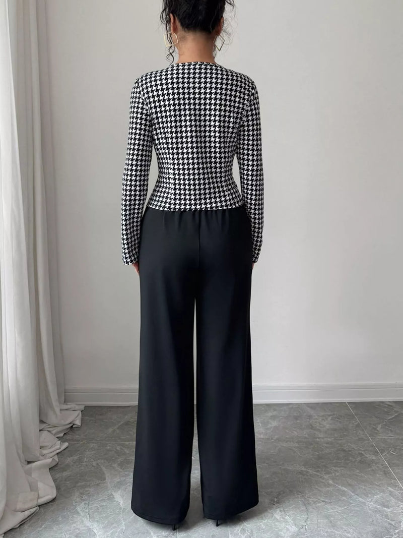 Women's Houndstooth Blazer & Wide Leg Pants Set