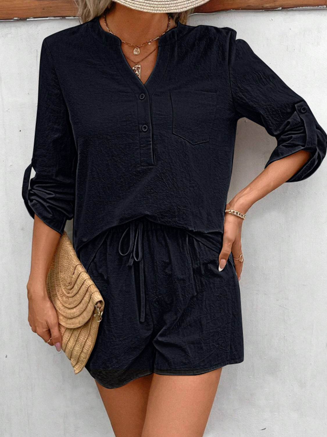 Notched Long Sleeve Top and Shorts Set Trandify deal