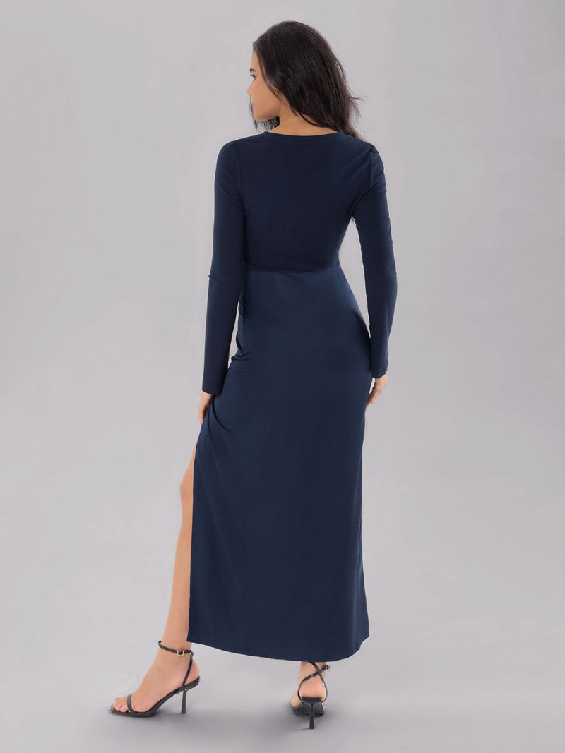Split Round Neck Long Sleeve Midi Dress Trandify Deal