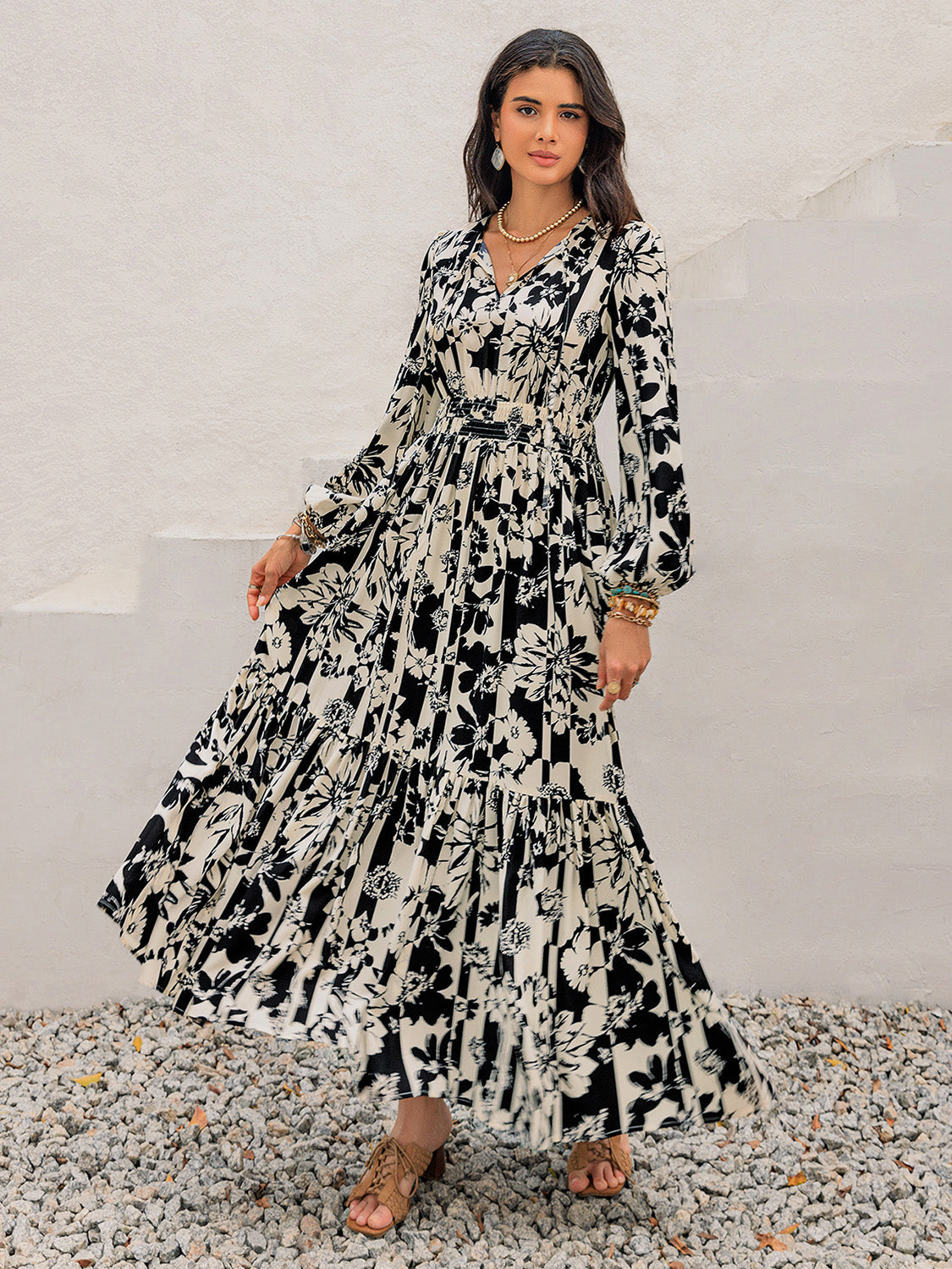 Smocked Printed Tie Neck Long Sleeve Dress Trandify Deal
