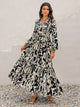 Smocked Printed Tie Neck Long Sleeve Dress Trandify Deal