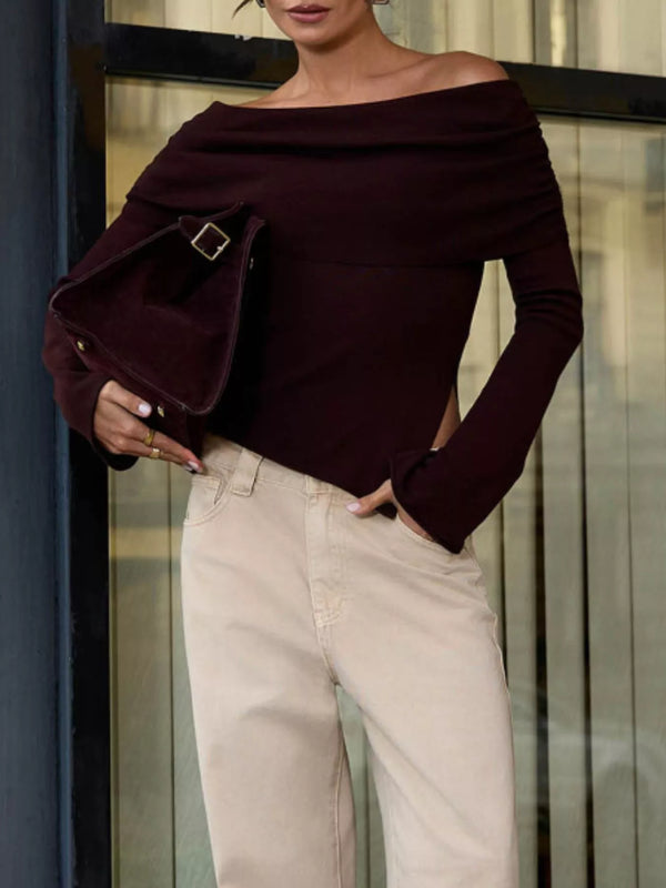 Asymmetrical Hem Off-Shoulder Knit Top | Casual Long Sleeve Top