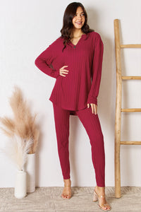 Basic Bae Full Size Notched Long Sleeve Top and Pants Set Trandify Deal